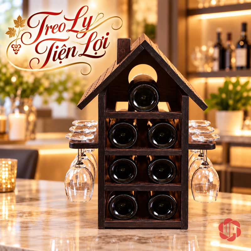 Decor Trang Trí Nhà Đẹp Kệ Rượu Ngôi Nhà UP028L Kệ ngôi nhà có chai và ly treo ở hai cánh