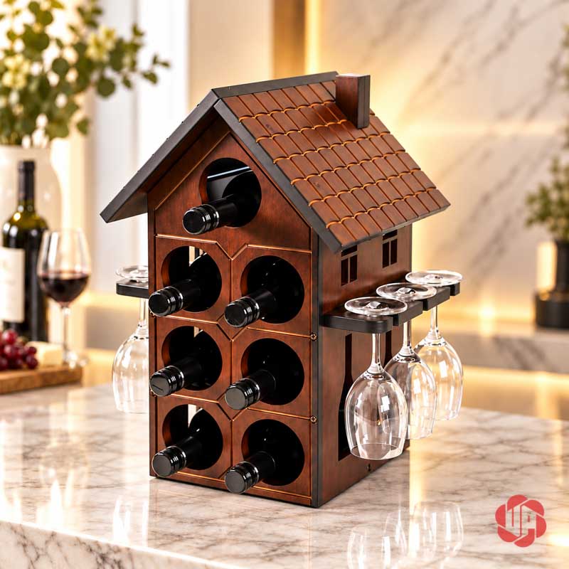 Decor Trang Trí Nhà Đẹp Kệ Rượu Ngôi Nhà UP028L Kệ rượu hình ngôi nhà nâu với chai và ly hai bên
