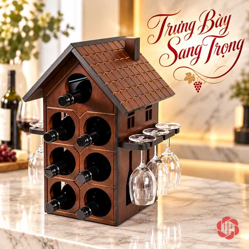 Decor Trang Trí Nhà Đẹp Kệ Rượu Ngôi Nhà UP028L Kệ rượu mái ngói với ly trong không gian sáng