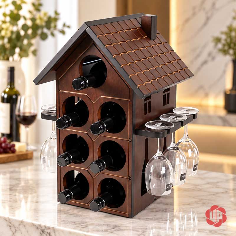 Decor Trang Trí Nhà Đẹp Kệ Rượu Ngôi Nhà UP028L Kệ rượu hình ngôi nhà nhìn chéo trên bàn