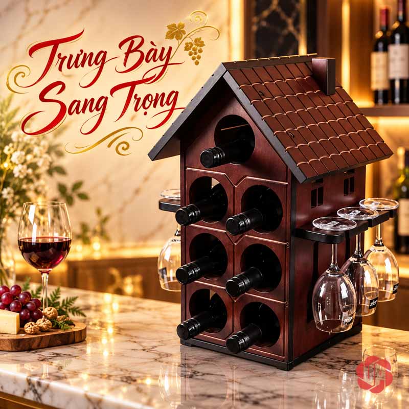 Decor Trang Trí Nhà Đẹp Kệ Rượu Ngôi Nhà UP028L Kệ ngôi nhà có chai và ly trên bàn sáng