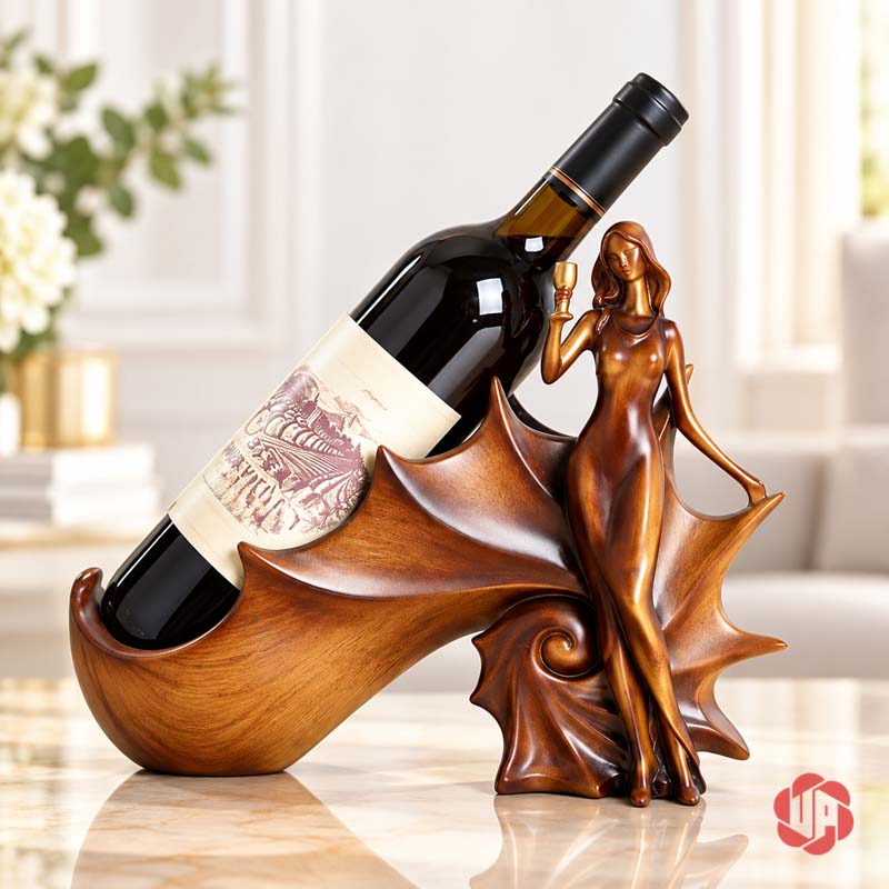 Kệ Rượu Vang Cô Gái Châu Âu Nghệ Thuật UP014R Kệ rượu vang cô gái châu Âu màu nâu đồng, phần đỡ chai và tượng thiếu nữ đồng màu nhìn nghiêng.