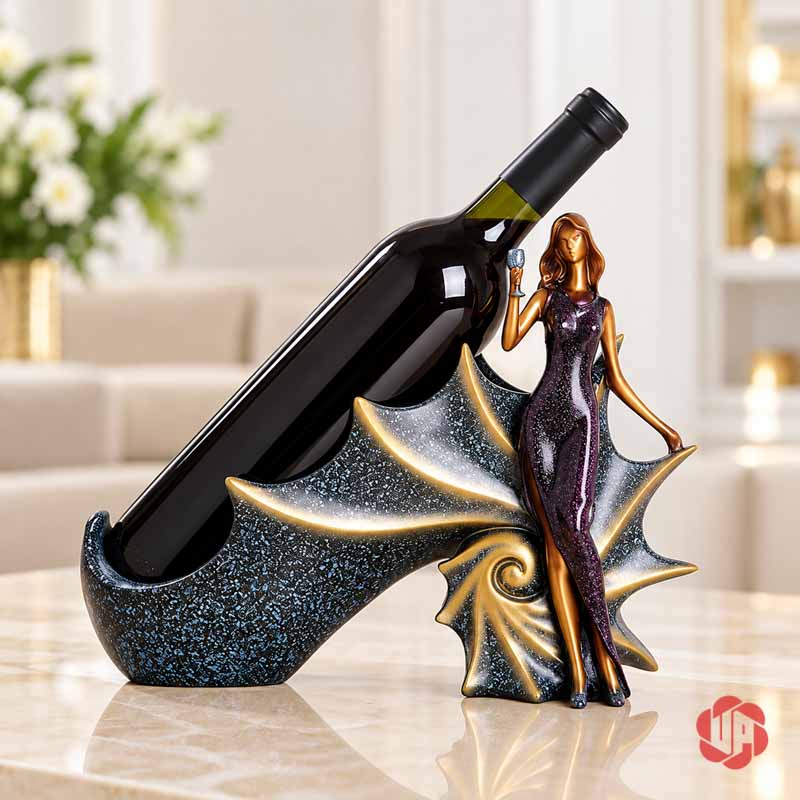 Kệ Rượu Vang Cô Gái Châu Âu Nghệ Thuật UP014R Kệ rượu vang cô gái châu Âu có váy tím ánh nhũ, phần giá đỡ nền xanh đậm với viền vàng.