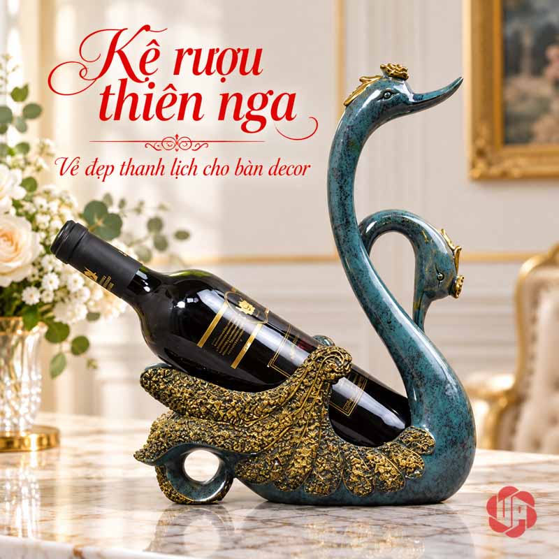 Kệ Rượu Vang Đôi Thiên Nga Xanh Ngọc Trang Trí UP006R Kệ rượu vang đôi thiên nga xanh ngọc có chai minh họa trên khay trang trí