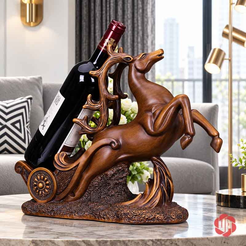 Kệ Rượu Vang Tuần Lộc Màu Đồng Trang Trí UP003R Kệ rượu vang hình hươu tuần lộc cạnh sofa sáng và cửa sổ lớn