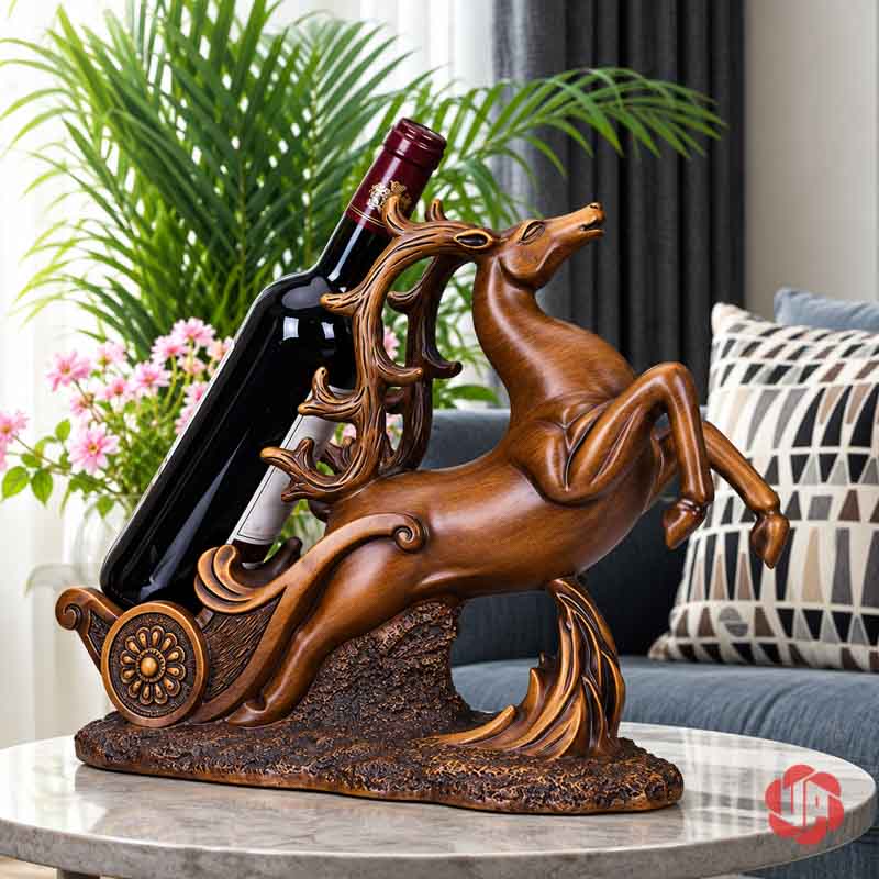 Kệ Rượu Vang Tuần Lộc Màu Đồng Trang Trí UP003R Kệ rượu vang hươu tuần lộc đặt trên mặt bàn đá trước ghế sofa và cây xanh