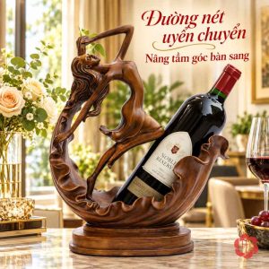 Kệ rượu vang thiếu nữ màu nâu nhìn chính diện với mái tóc dài và khay đỡ chai
