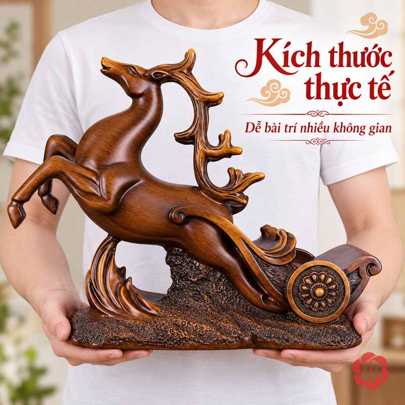 Kệ Rượu Vang Tuần Lộc Màu Đồng Trang Trí UP003R Kệ rượu vang tuần lộc được cầm ngang người để minh họa kích cỡ thực tế
