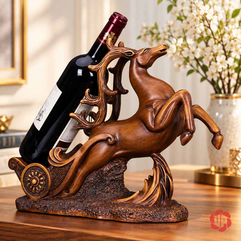 Kệ Rượu Vang Tuần Lộc Màu Đồng Trang Trí UP003R Kệ rượu vang tuần lộc trên bàn gỗ cạnh bình hoa màu sáng