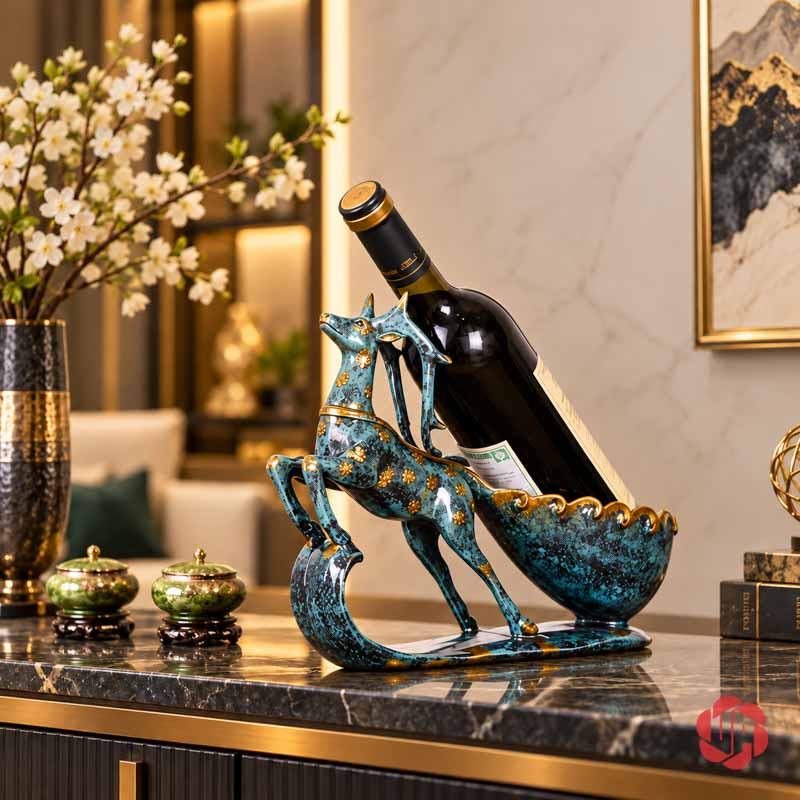 Kệ Rượu Vang Tuấn Mã Và Tuần Lộc Nghệ Thuật UP016R Kệ rượu vang tuấn mã xanh phối vàng đặt trên mặt đá, có chai minh họa nằm trong khay phía sau.