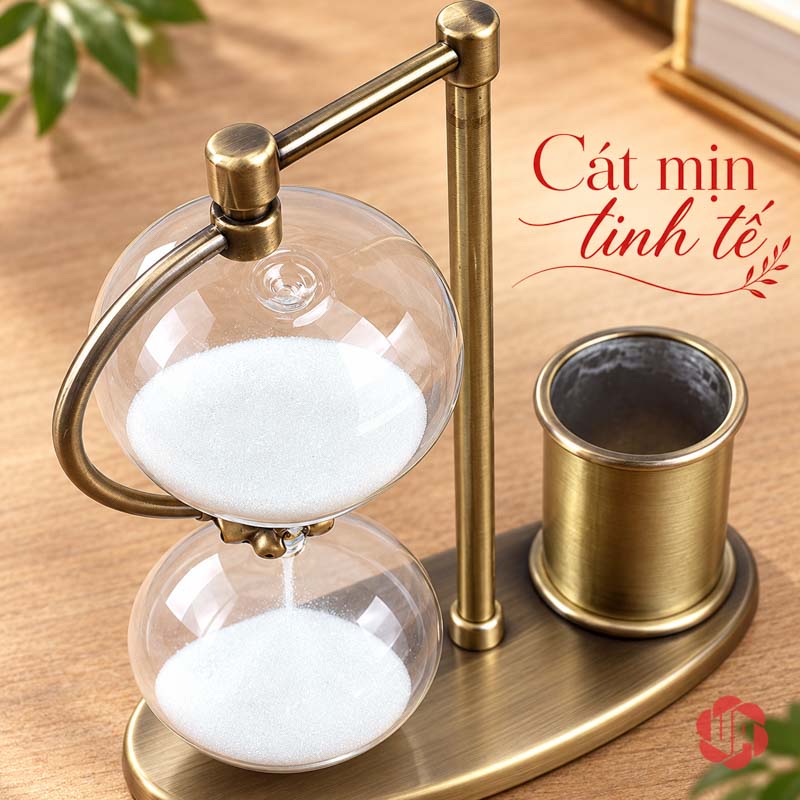 Khay Đựng Bút Để Bàn, Đồng Hồ Cát Phong Cách Cổ Điển UPV005 Góc nhìn từ trên xuống bầu cát trắng và miệng ống bút