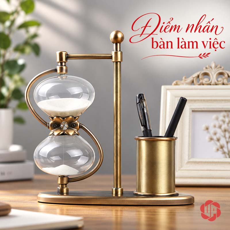 Khay Đựng Bút Để Bàn, Đồng Hồ Cát Phong Cách Cổ Điển UPV005 Khay bút đồng hồ cát vàng cổ trên bàn cạnh khung ảnh