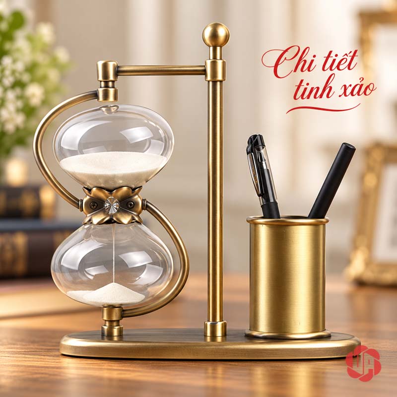 Khay Đựng Bút Để Bàn, Đồng Hồ Cát Phong Cách Cổ Điển UPV005 Góc gần đồng hồ cát, trụ đứng và ống bút màu vàng cổ