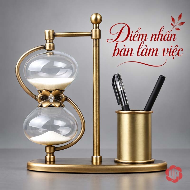 Khay Đựng Bút Để Bàn, Đồng Hồ Cát Phong Cách Cổ Điển UPV005 Khay bút đồng hồ cát nhìn thẳng trên bàn nền xám