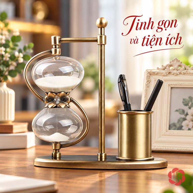 Khay Đựng Bút Để Bàn, Đồng Hồ Cát Phong Cách Cổ Điển UPV005 Toàn dáng khay bút đồng hồ cát với chân đế nằm ngang