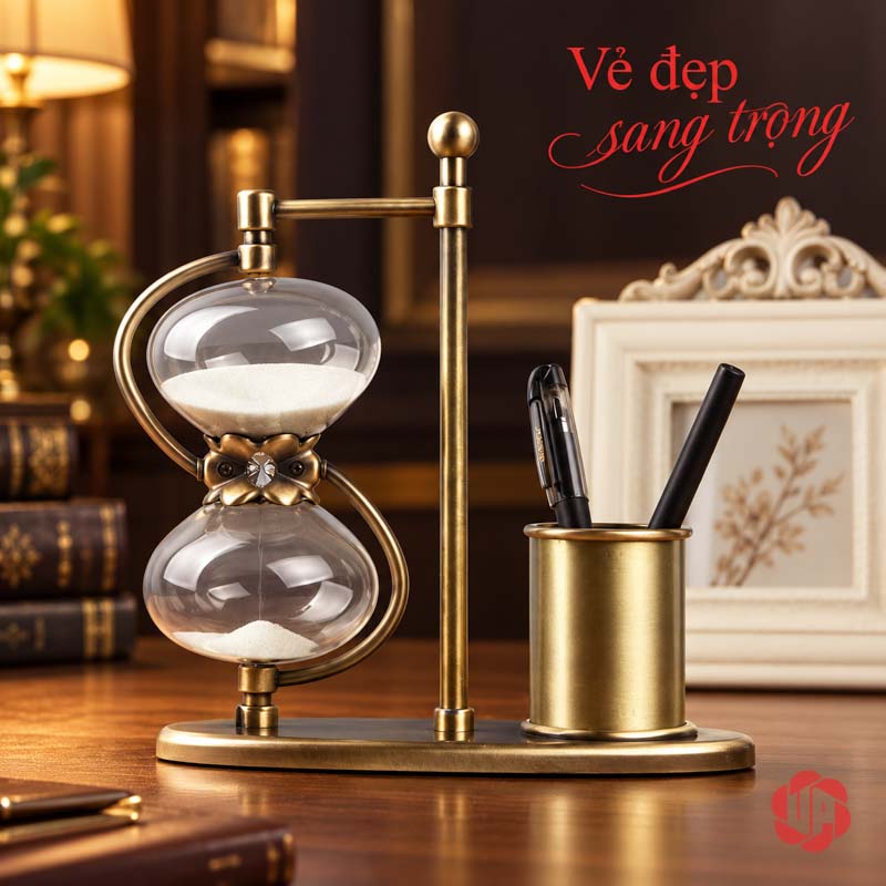 Khay Đựng Bút Để Bàn, Đồng Hồ Cát Phong Cách Cổ Điển UPV005 Khay bút tông vàng cổ trên mặt gỗ trước nền tối