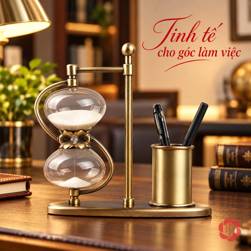 Khay Đựng Bút Để Bàn, Đồng Hồ Cát Phong Cách Cổ Điển UPV005 Khay bút đồng hồ cát trên bàn trước kệ sách