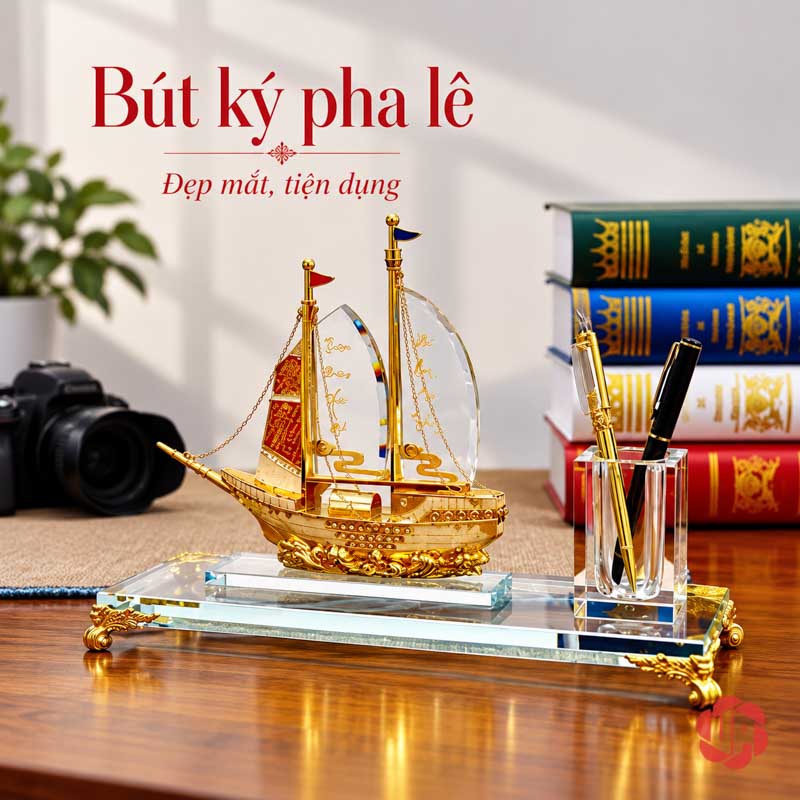 Khay Cắm Bút Để Bàn Thuyền Buồm Có Cờ Và Không Cờ UP046B Khay cắm bút để bàn thuyền buồm đặt cạnh sách và máy ảnh