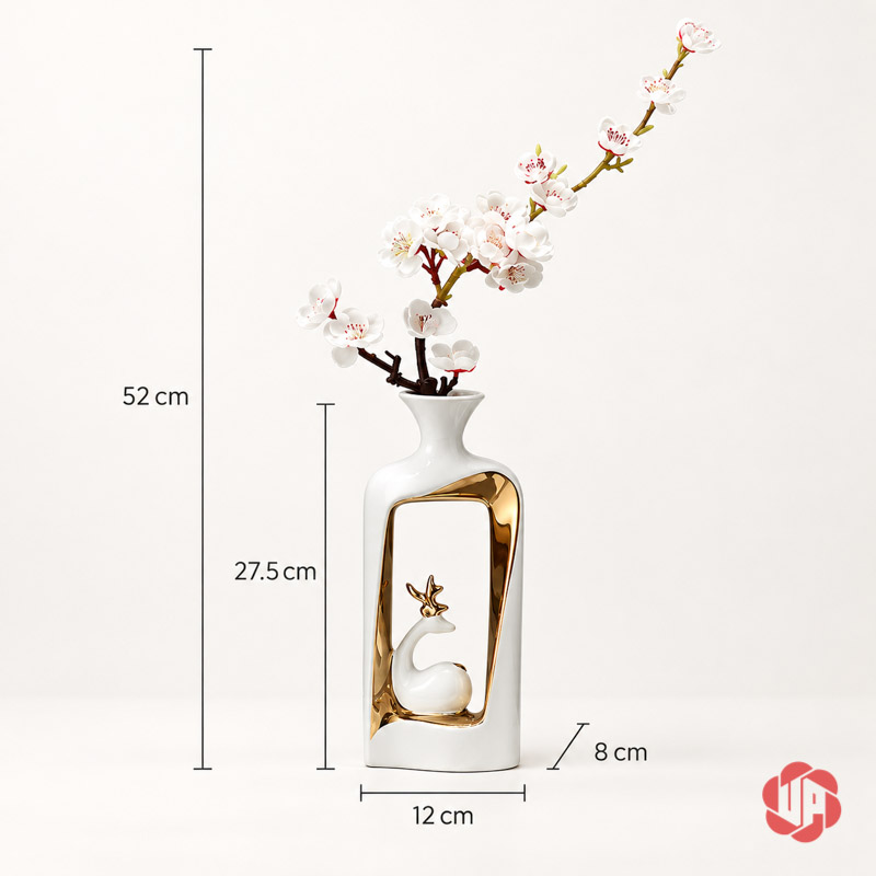 Cặp Bình Hoa Gốm Sứ Đôi Hươu Trắng Vàng UP068T Ảnh ghi kích thước bình cao đôi hươu 12 x 27,5 cm, cả cành hoa cao 52 cm