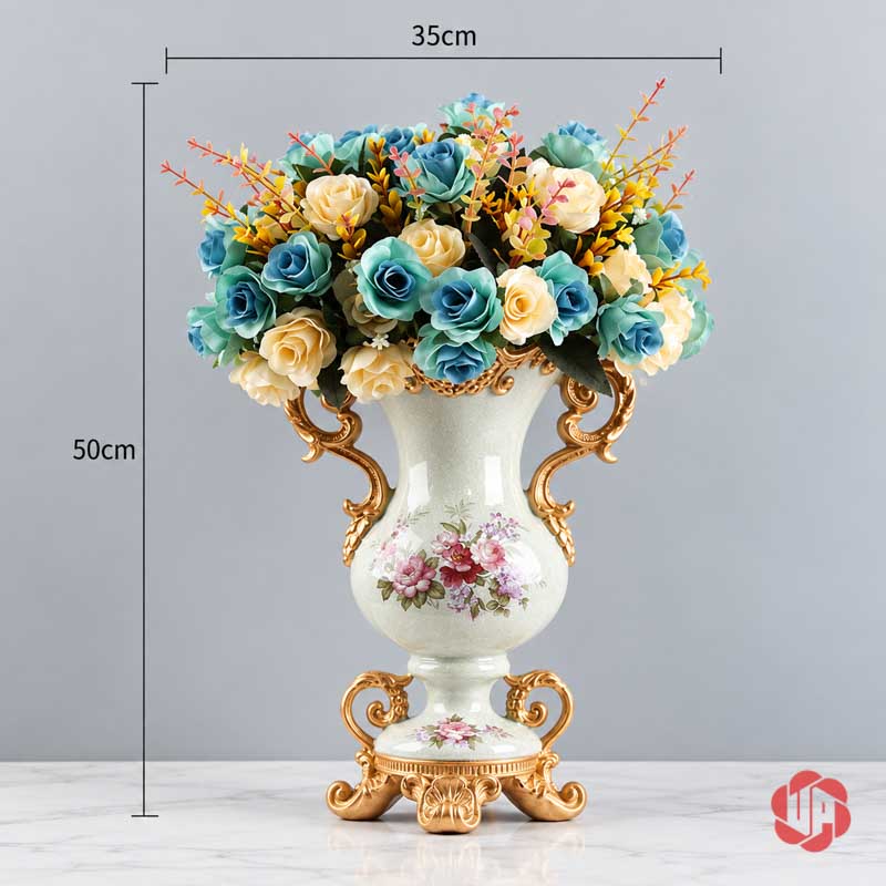 Bình Hoa Để Bàn Tân Cổ Điển Hai Quai Vàng UP069 Ảnh kích thước bình hoa tân cổ điển UP069 khi cắm hoa rộng khoảng 35 cm và cao khoảng 50 cm
