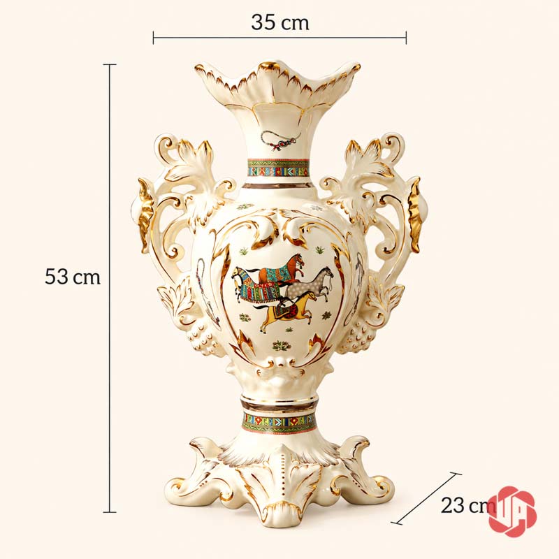 Bình Hoa Tân Cổ Điển Hai Quai Họa Tiết Ngựa UP071 Ảnh kích thước bình hoa tân cổ điển UP071 rộng 35 cm cao 53 cm và chân đế 23 cm