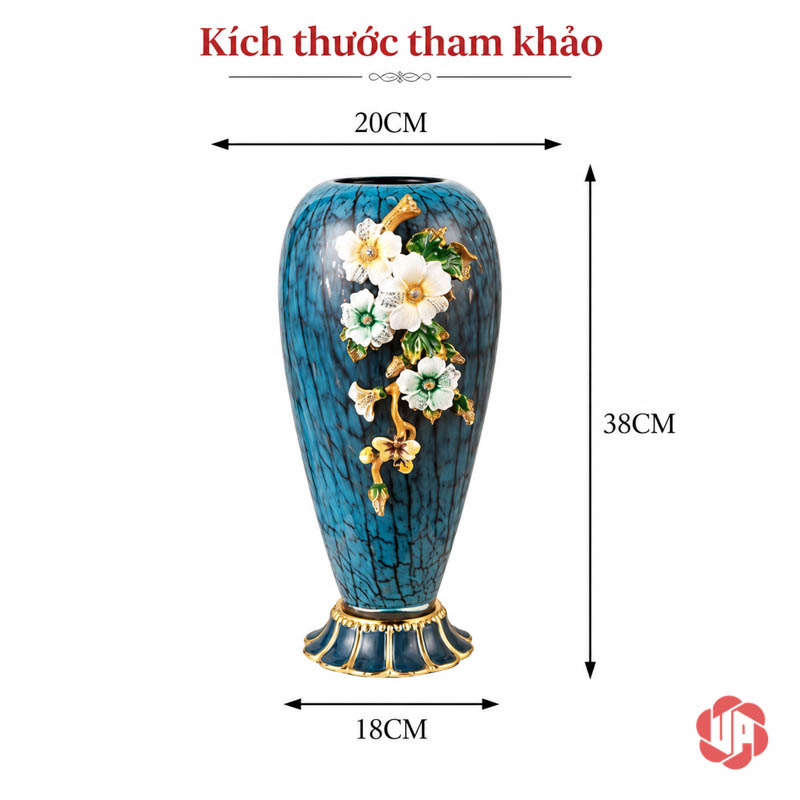 Bình Hoa Thủy Tinh Cao Cấp Xanh Ngọc Hoa Đắp Nổi UP003 Ảnh kích thước bình hoa thủy tinh xanh ngọc rộng 20 cm cao 38 cm và chân đế 18 cm