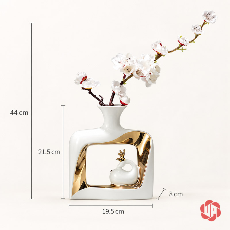 Cặp Bình Hoa Gốm Sứ Đôi Hươu Trắng Vàng UP068T Ảnh ghi kích thước bình thấp đôi hươu 19,5 x 21,5 cm, cả cành hoa cao 44 cm