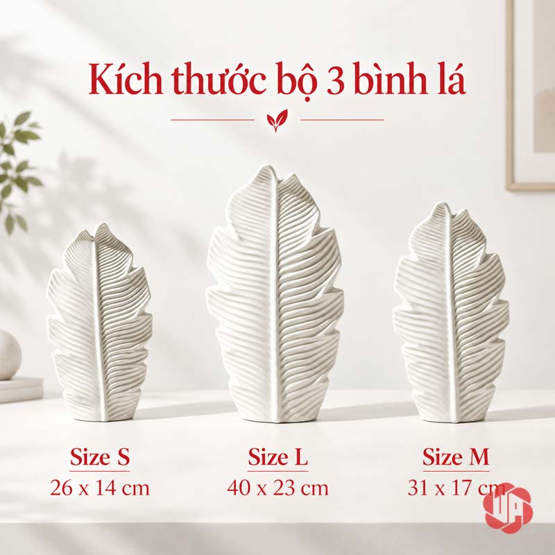 Bộ Lọ Hoa Lá Decor Gốm Sứ Trắng Phong Cách Bắc Âu UP080 Ảnh kích thước ba lọ hoa lá UP080 size S 26 x 14 cm size L 40 x 23 cm size M 31 x 17 cm