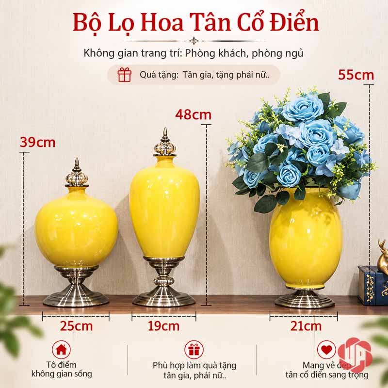 Bộ Lọ Hoa Tân Cổ Điển Màu Vàng Sang Trọng UP054B Ảnh kích thước ba bình hoa màu vàng gồm các chiều cao 39 cm 48 cm và bình cắm hoa cao 55 cm