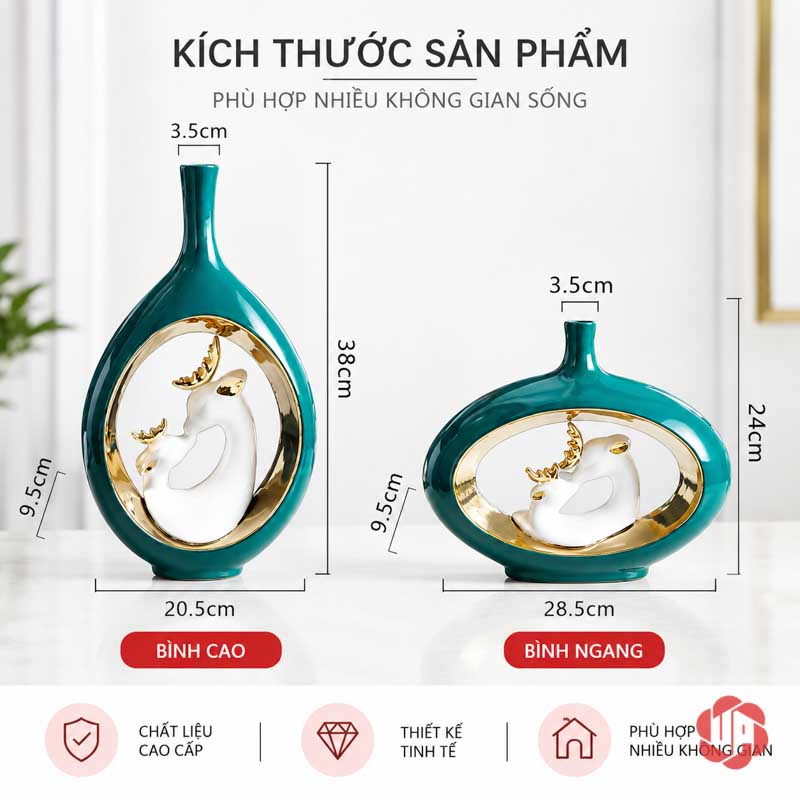 Cặp Bình Hoa Gốm Sứ Gia Đình Hươu Xanh Ngọc Cao Cấp UP068 Ảnh kích thước cặp bình gia đình hươu: bình cao 20,5 x 38 cm và bình ngang 28,5 x 24 cm