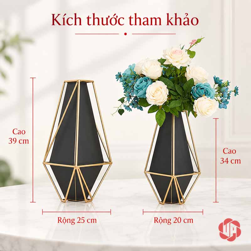 Bình Hoa Trang Trí Phòng Khách Kim Loại Đen Vàng Hình Học UP007 Ảnh chú thích kích thước cặp bình hoa kim loại đen vàng cao 39 và 34 cm
