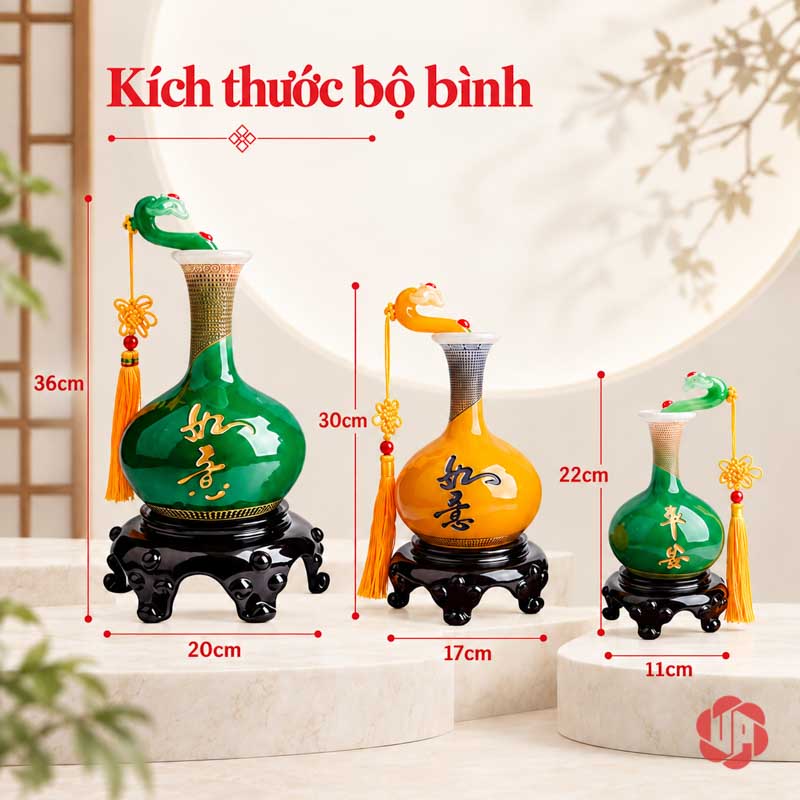 Cặp Bình Hút Lộc Phong Thủy Vàng Xanh Như Ý UP004 Ảnh số đo ba mẫu bình hút lộc màu xanh ngọc và vàng
