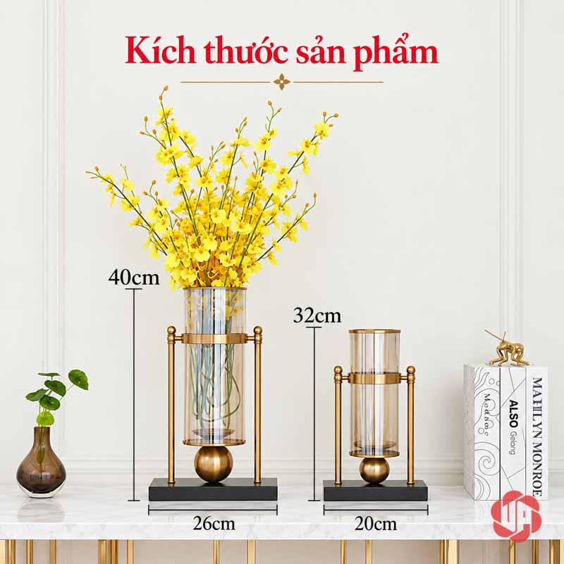 Lọ Hoa Thủy Tinh Cao Cấp Khung Vàng Hiện Đại UPT08 Ảnh kích thước lọ hoa thủy tinh 40 x 26 cm và 32 x 20 cm