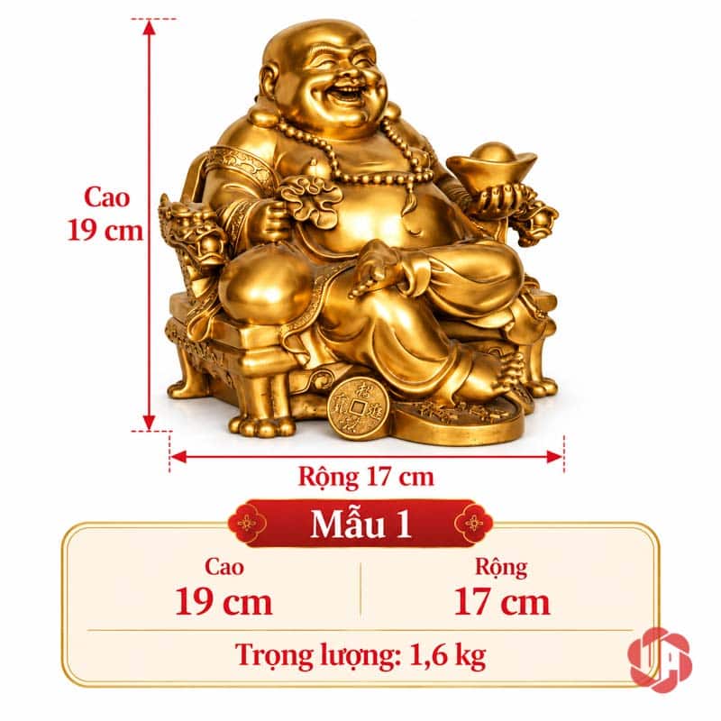 Tượng Phật Di Lặc Bằng Đồng May Mắn UPD068 Tượng Di Lặc màu vàng, mẫu cao 19 cm và rộng 17 cm trên nền trắng