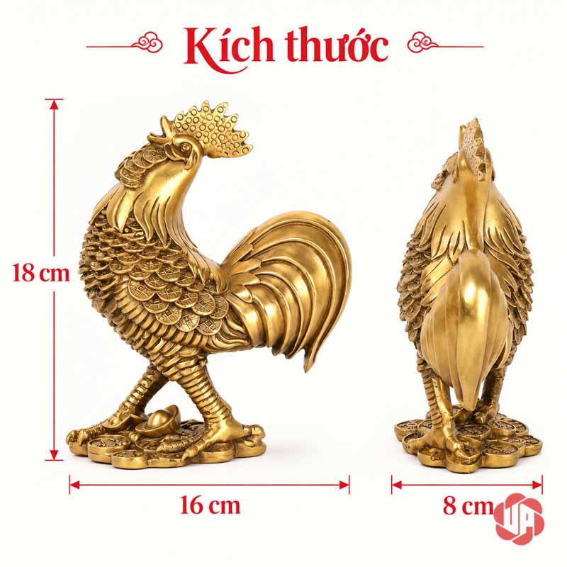 Tượng Con Gà Trống Tài Lộc Bằng Đồng UPD023 Kích thước gà trống đế tiền xu dài 16 rộng 8 cao 18 cm
