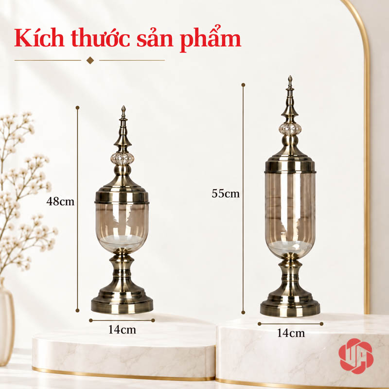 Bộ Lọ Hoa Thủy Tinh Tân Cổ Điển Trang Trí Phòng Khách UP002 Ảnh kích thước hai bình trang trí cao 48 và 55 cm, đường kính chân đế khoảng 14 cm