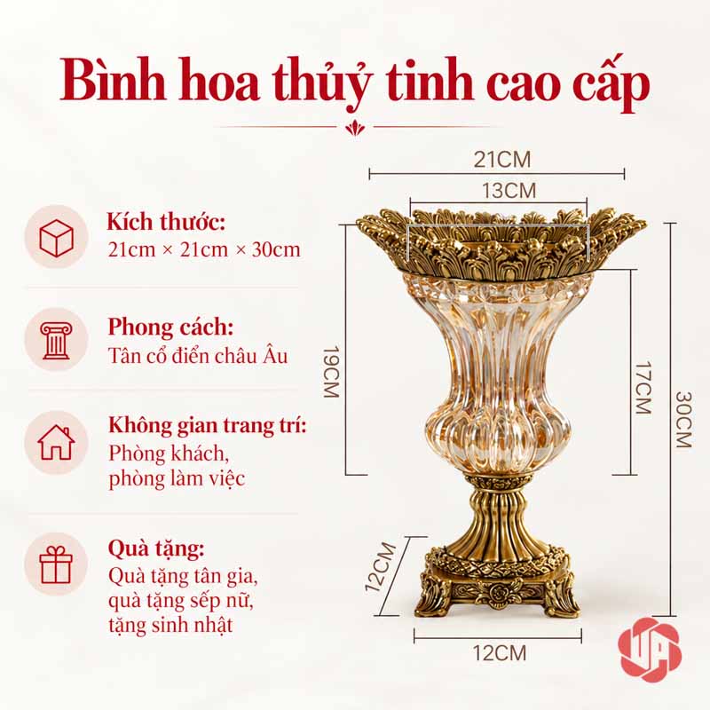Lọ Hoa Thủy Tinh Tân Cổ Điển Viền Vàng UPT13 ảnh minh họa kích thước của lọ hoa thủy tinh tân cổ điển UPT13