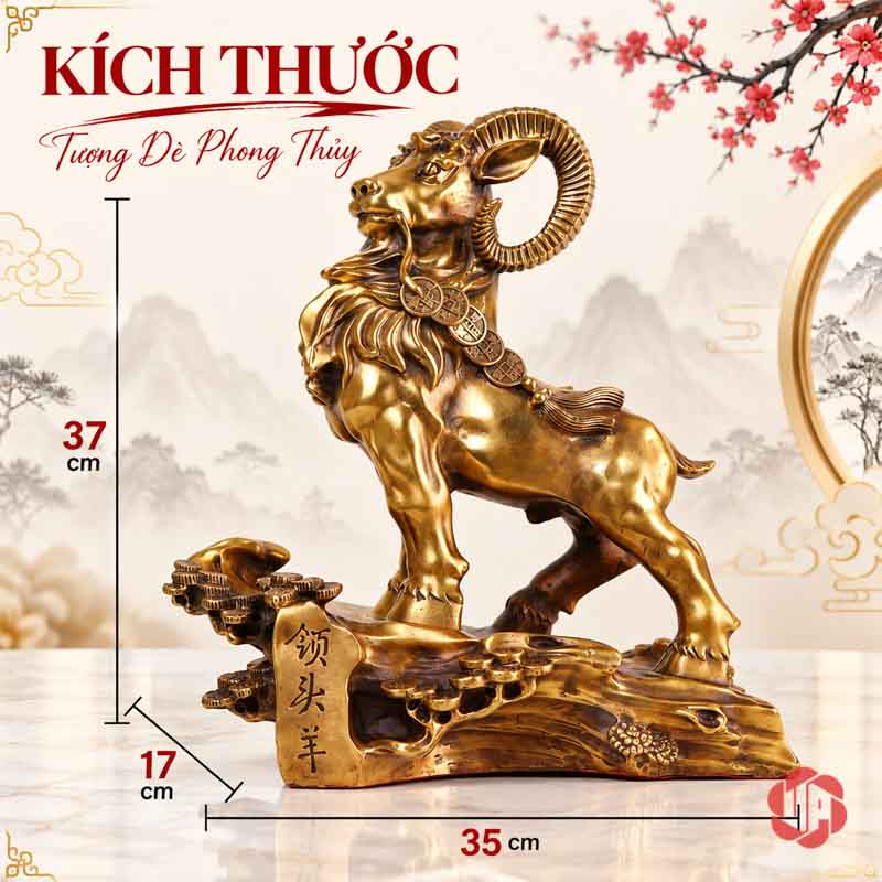 Tượng Con Dê Phong Thủy Bằng Đồng Ngậm Xâu Tiền UPD017 Kích thước tượng dê dài 35 cm rộng 17 cm cao 37 cm