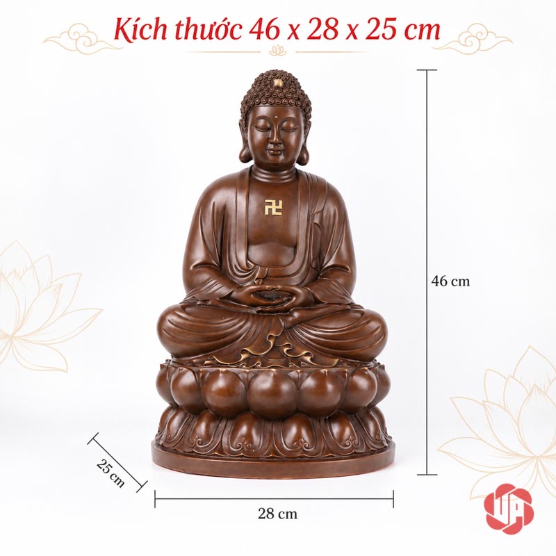 Tượng Phật Thích Ca Mâu Ni Ngồi Thiền Bằng Đồng UPD011 Ảnh ghi kích thước tượng Phật cao 46 cm, rộng 28 cm và sâu 25 cm