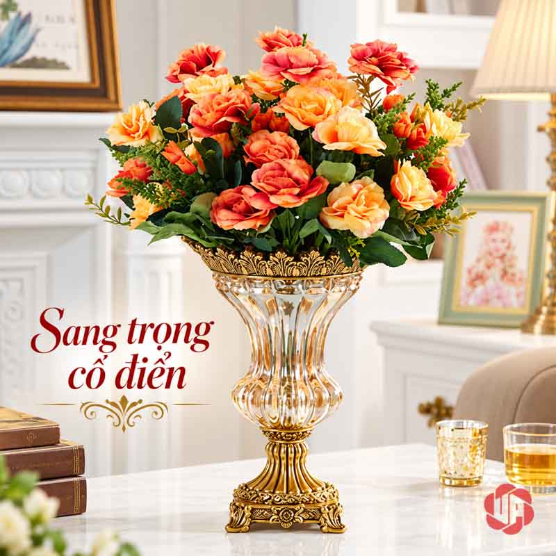 Lọ Hoa Thủy Tinh Tân Cổ Điển Viền Vàng UPT13 lọ cắm hoa phối nội thất cổ điển của lọ hoa thủy tinh tân cổ điển UPT13