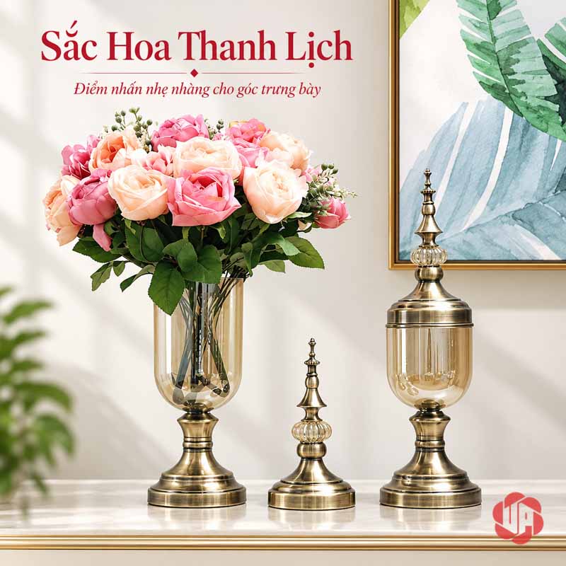 Bộ Lọ Hoa Thủy Tinh Tân Cổ Điển Trang Trí Phòng Khách UP002 Lọ hoa thủy tinh cắm hoa hồng nhẹ nhàng bên phụ kiện kim loại