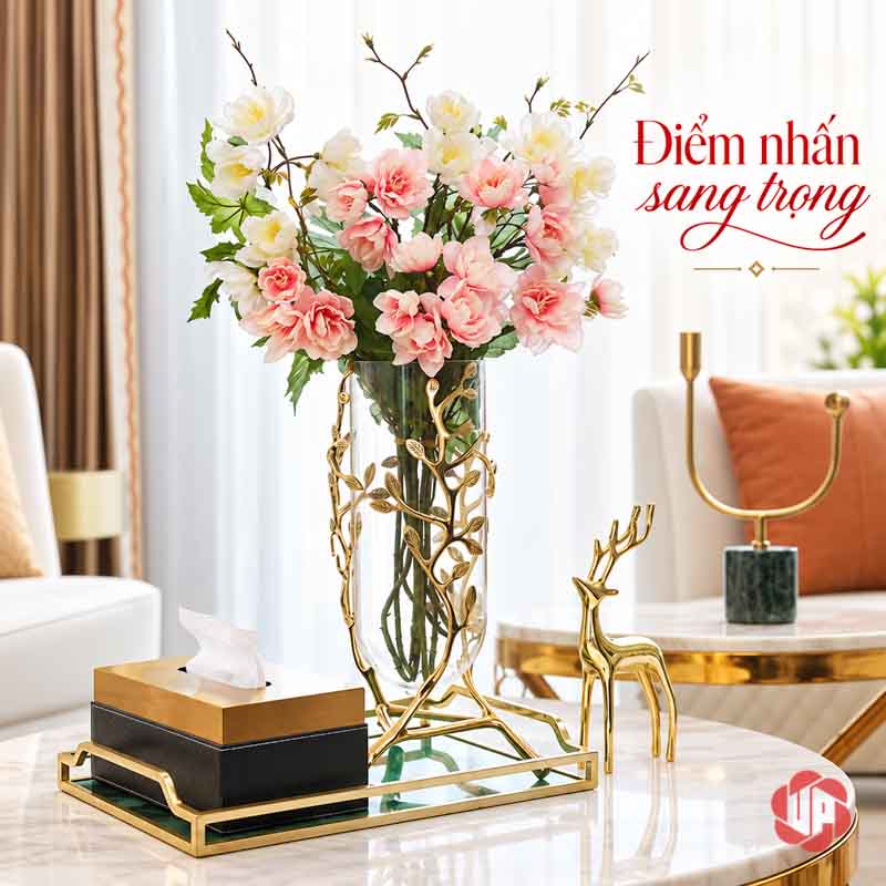 Lọ Hoa Thủy Tinh Mạ Vàng Họa Tiết Cành Lá UPT10 Lọ thủy tinh cắm hoa hồng phối họa tiết kim loại ánh vàng