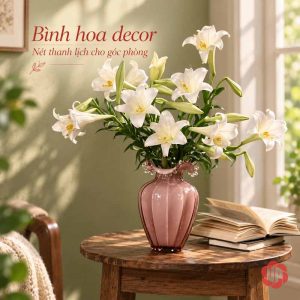 Lọ hoa thủy tinh hồng phấn cắm hoa ly trắng trên bàn gỗ phòng khách
