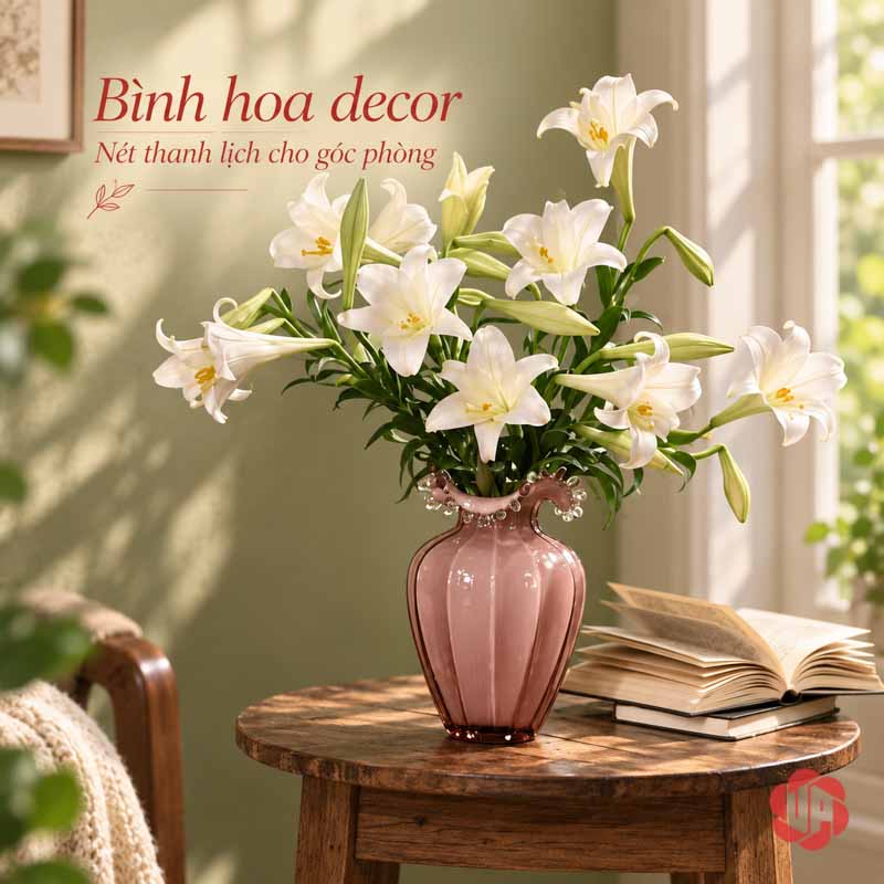 Lọ Hoa Thủy Tinh Hồng Phấn Miệng Cánh Hoa UPT15 Lọ hoa thủy tinh hồng phấn cắm hoa ly trắng trên bàn gỗ phòng khách