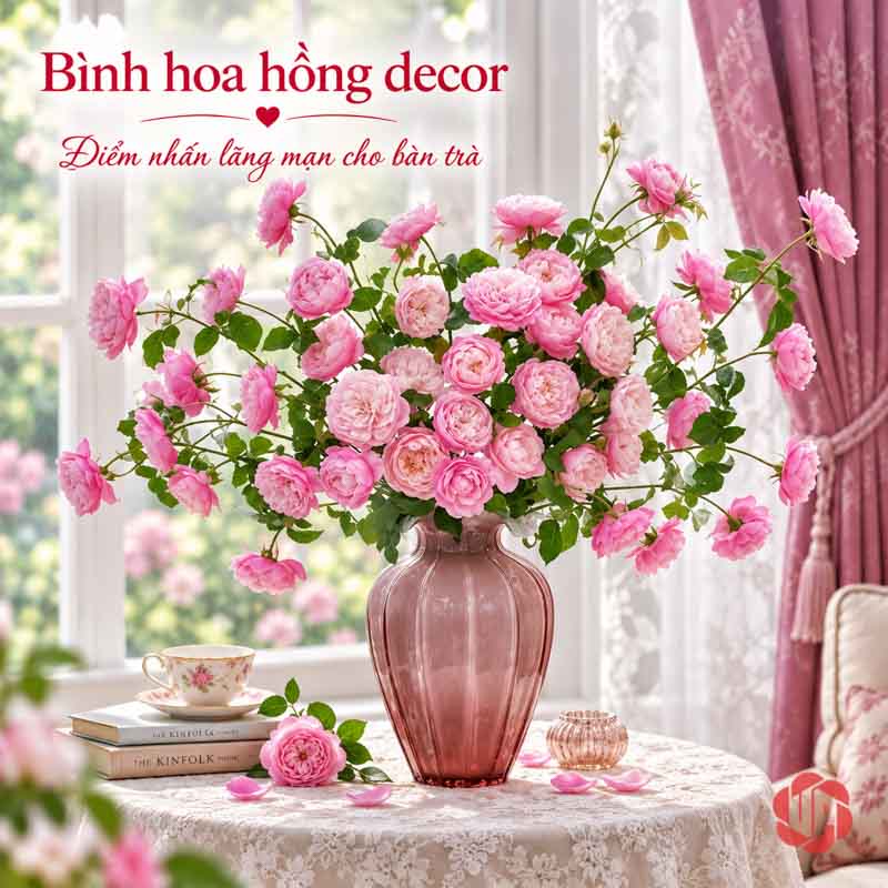Lọ Hoa Thủy Tinh Hồng Phấn Miệng Cánh Hoa UPT15 Lọ thủy tinh màu hồng phấn cắm hoa hồng tươi trang trí phòng khách