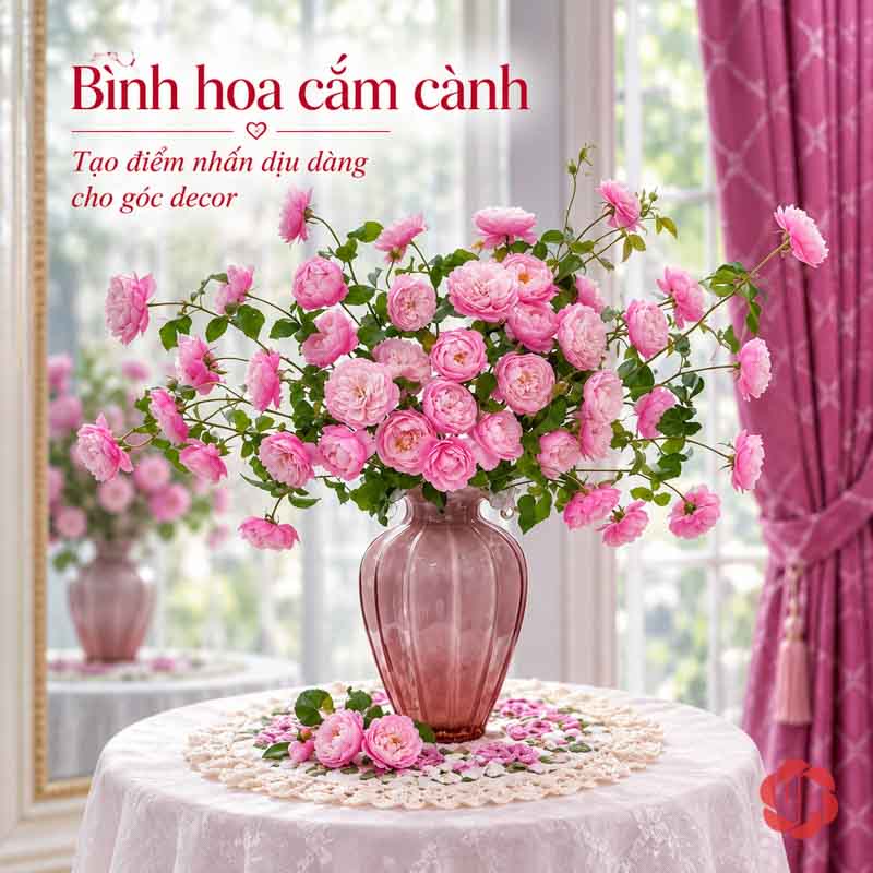 Lọ Hoa Thủy Tinh Hồng Phấn Miệng Cánh Hoa UPT15 Bình hoa thủy tinh hồng phối bó hoa hồng rực rỡ trang trí bàn