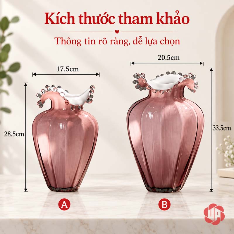 Lọ Hoa Thủy Tinh Hồng Phấn Miệng Cánh Hoa UPT15 Ảnh kích thước hai mẫu lọ hoa thủy tinh hồng chiều cao 28,5 và 33,5 cm