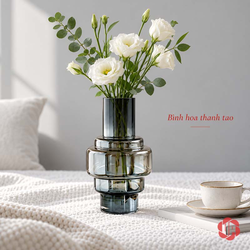 Lọ Hoa Thủy Tinh Màu Khói Hổ Phách Hình Khối Hiện Đại UPT06 Lọ thủy tinh thân xếp tầng màu khói cắm hoa trắng trên bàn phòng khách