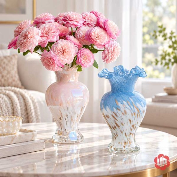 Cặp bình hoa pastel hồng xanh cắm cẩm tú cầu trong phòng khách – lọ hoa thủy tinh pastel UPT14