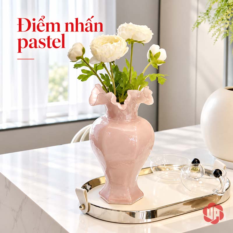 Lọ Hoa Thủy Tinh Pastel Nghệ Thuật Trang Trí Phòng Khách UPT14 Lọ hoa hồng cắm hoa trắng trên khay tròn – lọ hoa thủy tinh pastel UPT14